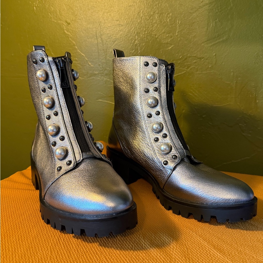 Karl Lagerfeld Paris Embellished Metallic Silver Combat Boots Stud Pearl